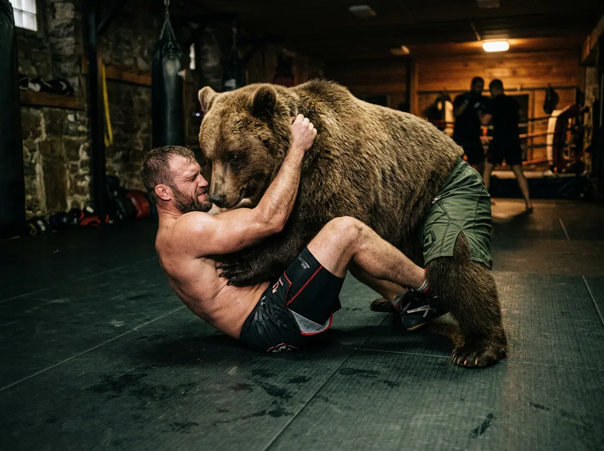 Grappling Strongbear Ours Strongbear et pratiquant pendant un échange de Grappling
